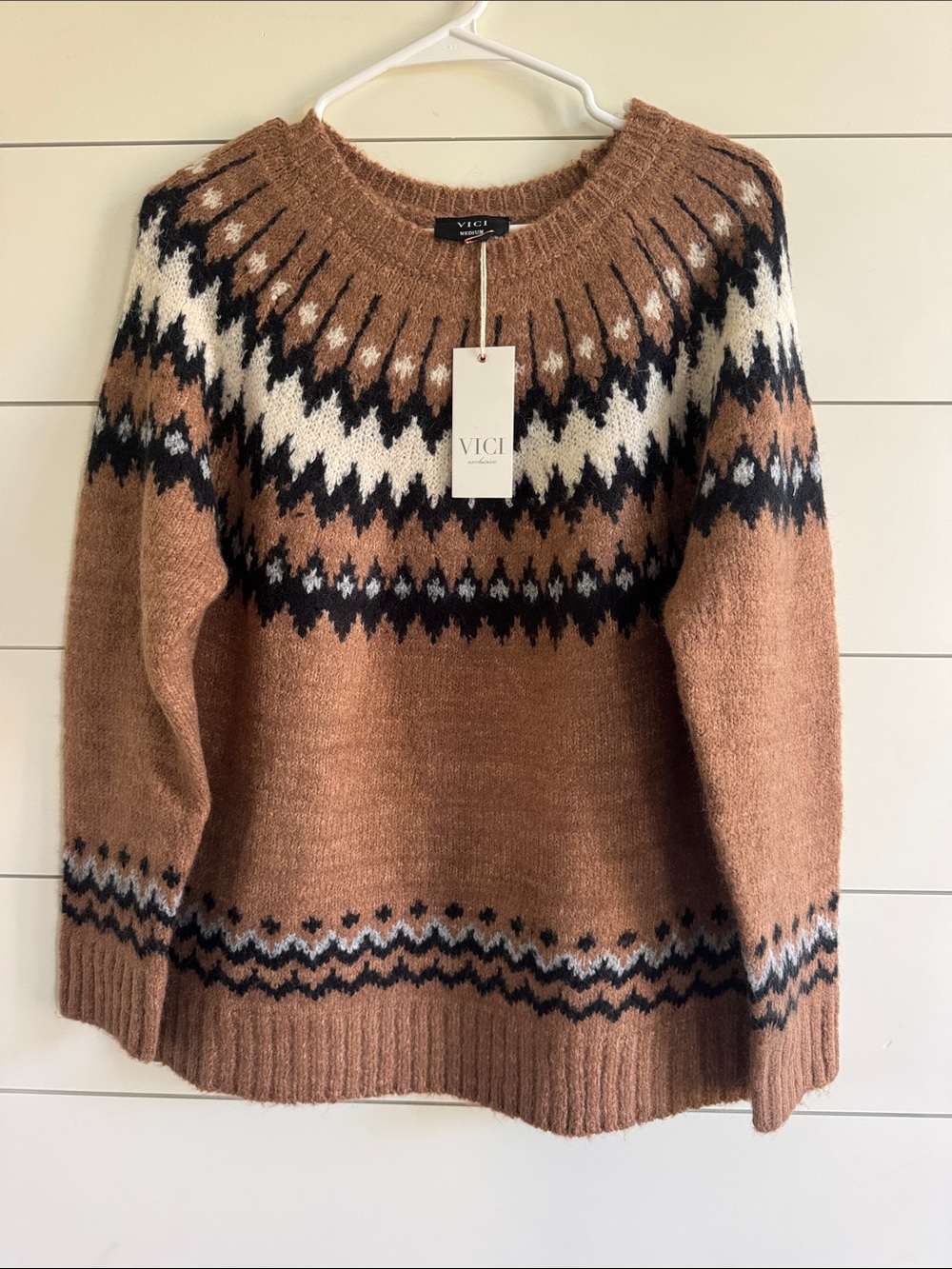 Vici Rust Brown Fair Isle Crewneck Sweater with Black & Cream Accents